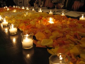 Rose petals on table